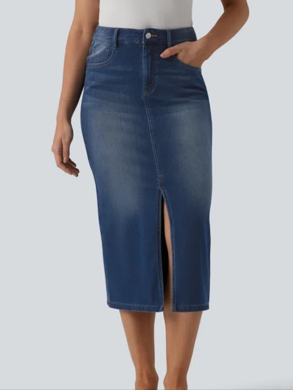 New Halara Flex High Waisted Split Midi Denim Straight Midi Skirt Pockets L